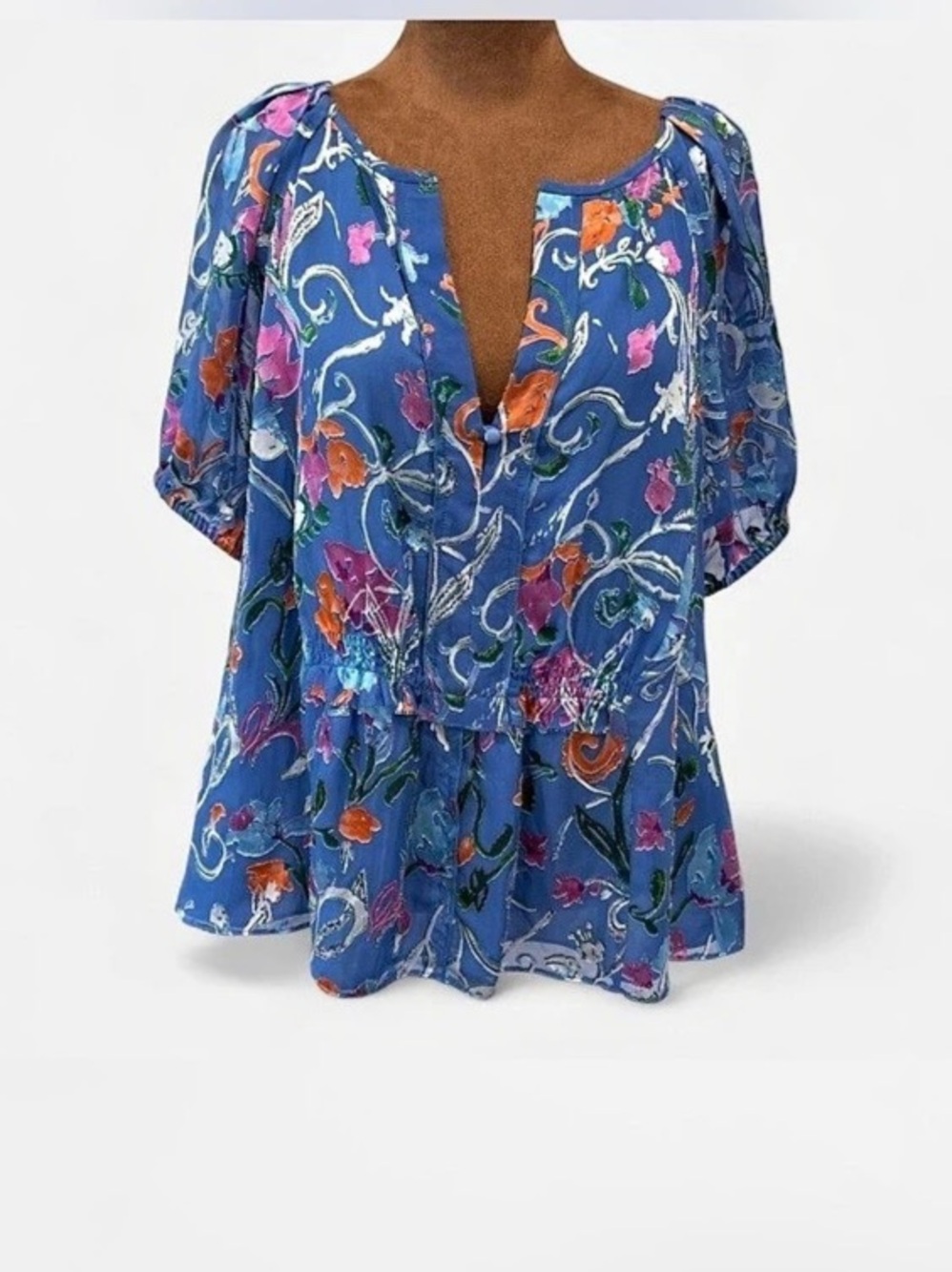 Tanya Taylor Mariah Blue Floral Short Puff Sleeve Silk Blend Blouse Size 10